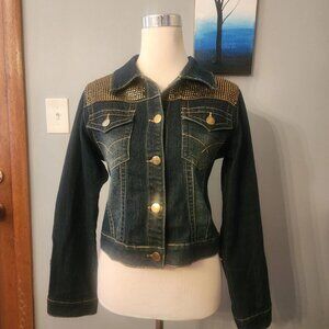 What’s Hot Denim Jacket Dark Blue w/Gold Studs Button Up Size Junior 1X